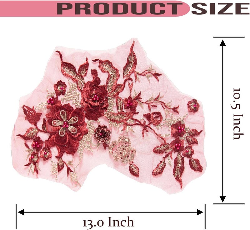 Silvora Colorful Flower Fabric Beaded Lace Applique,3D Embroidered Flower Fabric Patch for Bridal Dress, Handmade Sewing Tool for Wedding DIY Crafts(Red-1) - Image 2